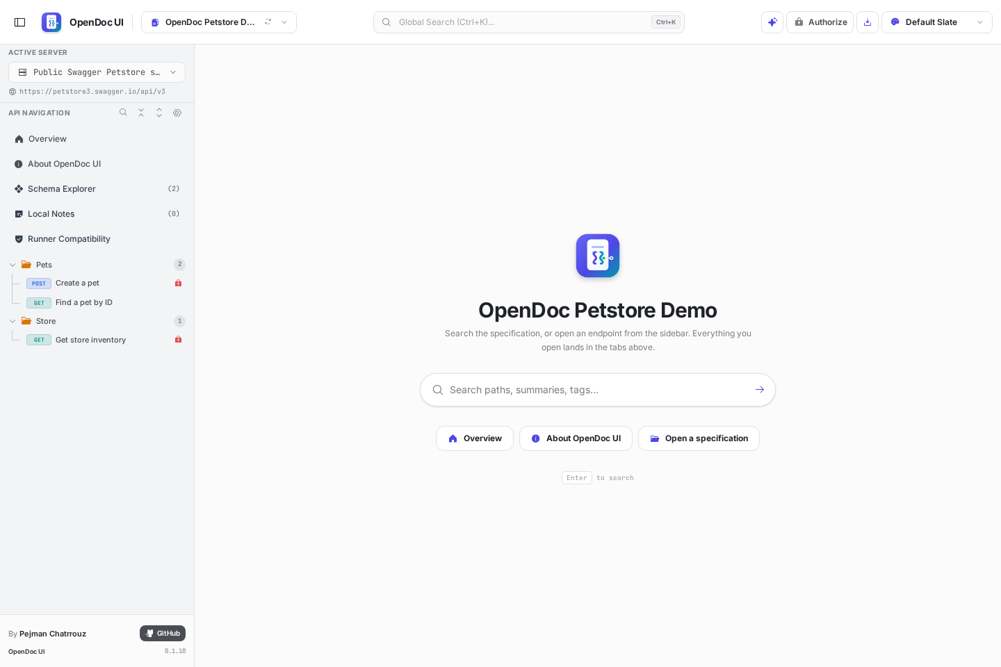 OpenDoc UI documentation view with endpoint tree, method badges and schema tables