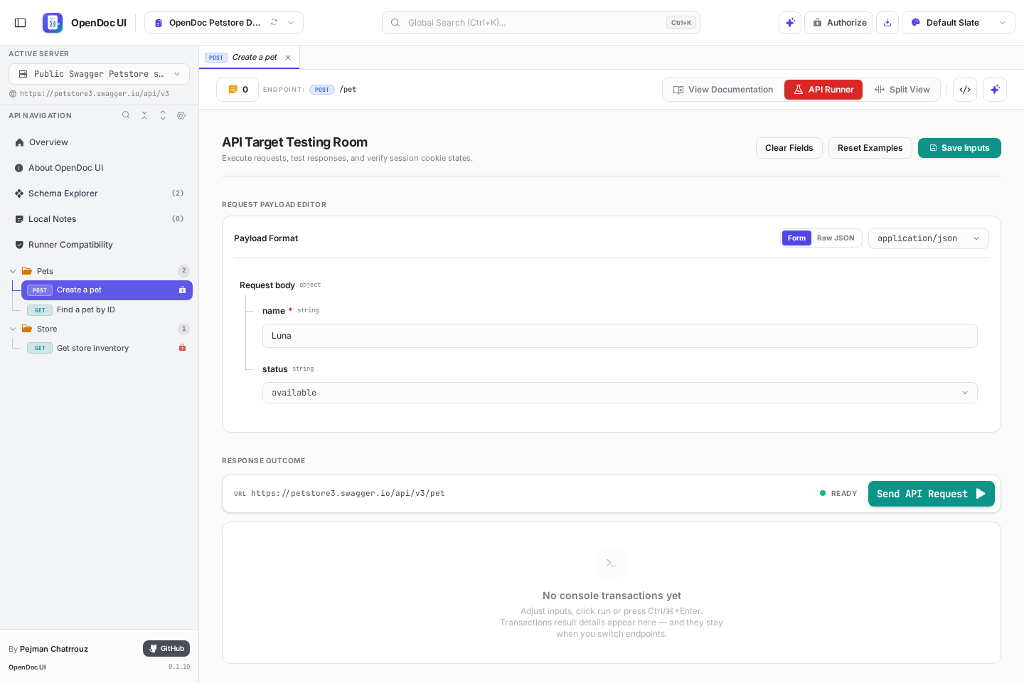 The API Runner composing a POST /pet request with a form-based payload editor